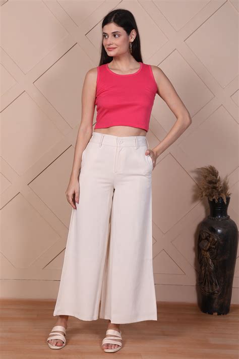 Buy Elleven Women's Off-White Solid High Rise Ankle Length Wide Leg ...