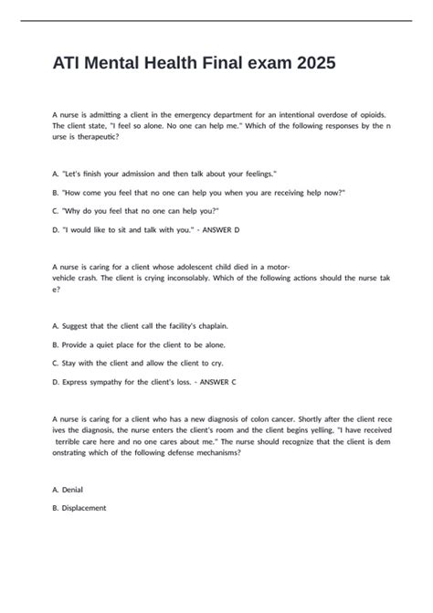 ATI Mental Health Final exam 2025 - Ati mental health - Stuvia US