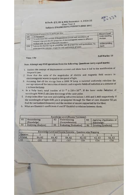 B.Tech. I Year Mid Sem Exam: Engineering Physics & Electrical ...
