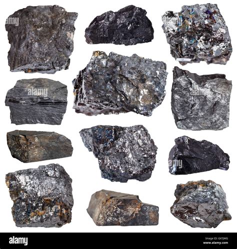 collection from specimens of various coal minerals isolated on white ...