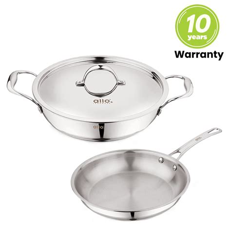 Allo CookSafe TriPly Stainless Steel Kadhai & Frypan 2pcs Combo Set of ...