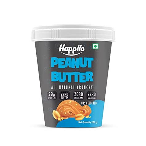Happilo Peanut Butter All Natural Unsweetened Crunchy 200g, Protein ...