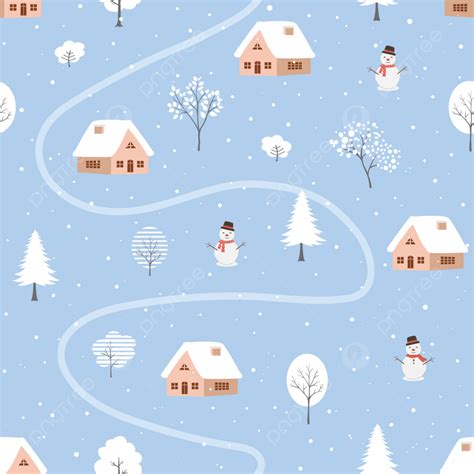 Winter Seamless Pattern With Cute Village And Snowfall On Blue ...