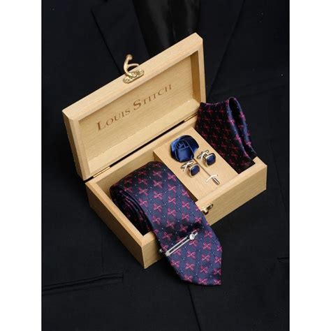 Buy Louis Stitch Men Indigo Blue Silk Necktie Accessory Gift Set Online