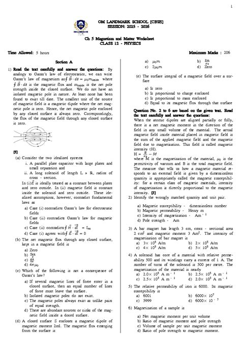 Ch 5 Magnetism and Matter Worksheet - Class 12 Physics - Studocu