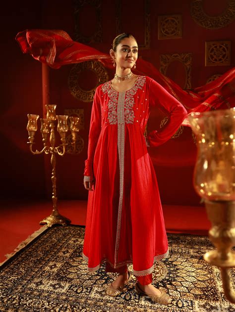 Red Manmade Fiber Flared Anarkali Kurta Pant And Dupatta Set with Zari