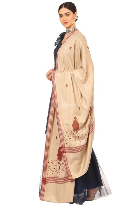 Pashtush Women'S Wool Shawl With Hand Embroidery (Taupe , Free Size ...
