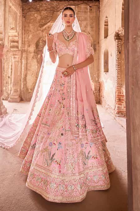 Buy Pink Organza Hand Embroidery Floral Sweetheart Neck Gaurika Bridal ...