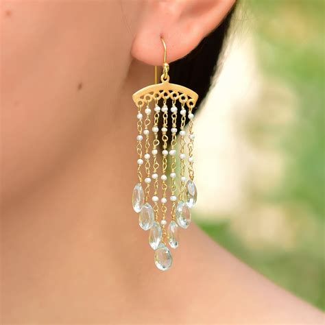 Hand Crafted Silver Gold Plated Pearl/aquamarine Jhalar Earring – Adore ...