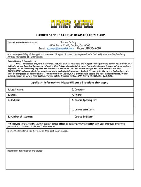 Fillable Online TURNER SAFETY COURSE REGISTRATION FORM Fax Email Print ...
