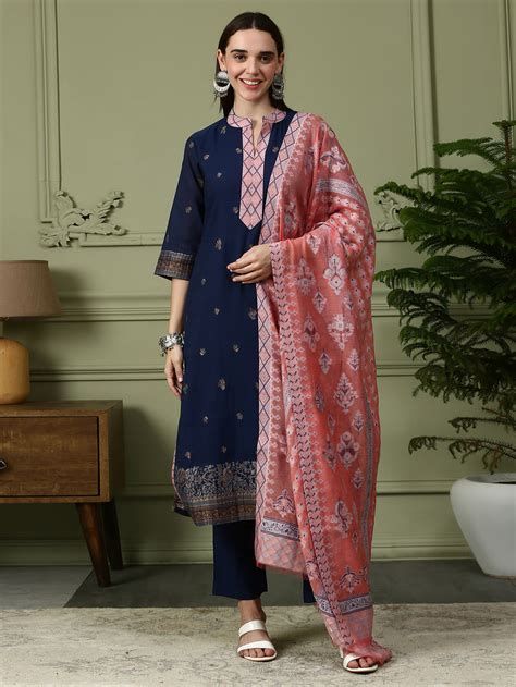 Buy Shingora Navy Blue Ethnic Motifs Woven Design Mandarin Collar ...