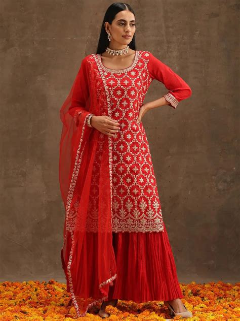 Buy Red Embroidered Silk Blend Straight Kurta With Sharara & Dupatta ...