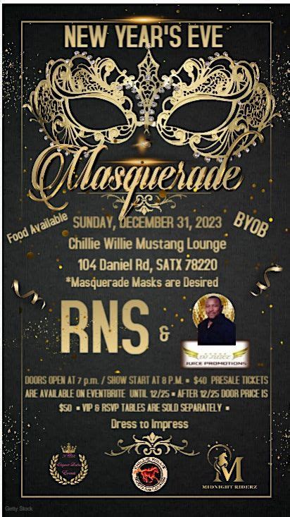 New Years Eve Masquerade Ball 2024, Chillie Willie Mustang Lounge, San ...