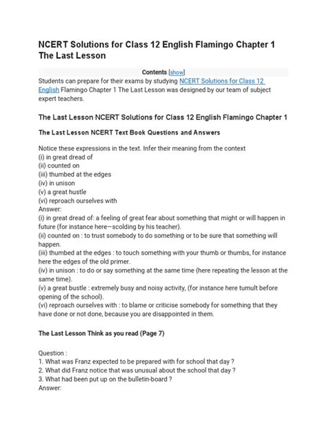 Class 12 English the Last Lesson SWS 的图像结果