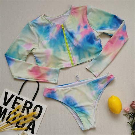 Dreamy Tie Dye Long Sleeve Crop Rash Guard Bikini Set - Multicolor ...