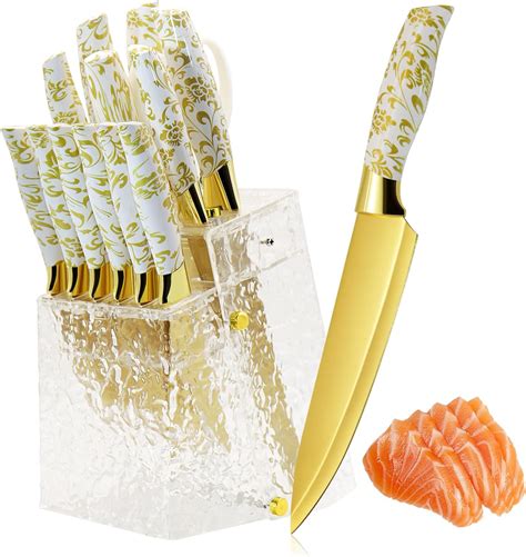Amazon.com: Gold Knife Set With Acrylic Block, 8 Pieces Titanium-Coated ...