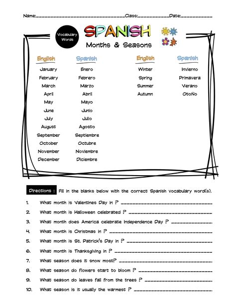 Spanish Months & Seasons Vocabulary Word List Worksheet & Answer Key ...