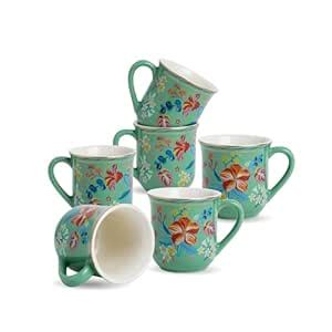 Buy Shay Ceramic Tea Cups Set of 6, Big Bold Floral Mint,180ml | Glossy ...