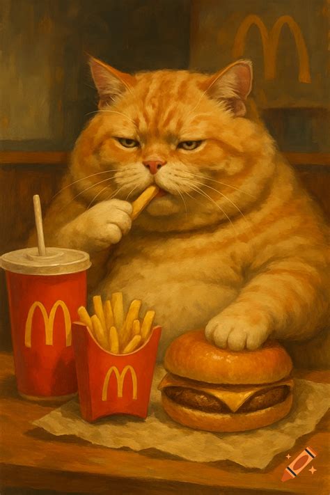 A fat orange cat sits eating French fries from a McDonald's meal. on ...