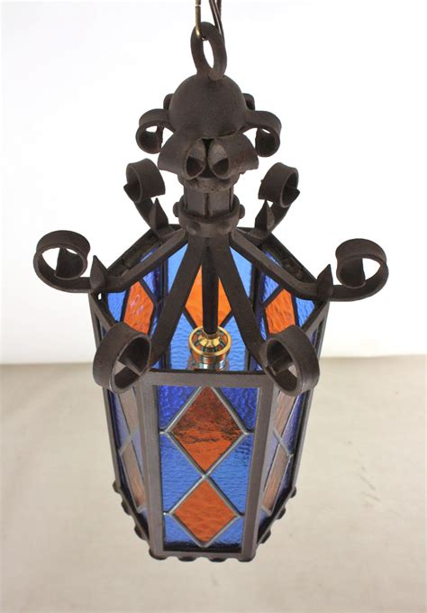 Spanish Hexagonal Lantern in Iron and Orange Blue Glasses For Sale at ...