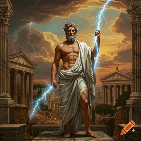 Glowing Zeus floats among stormy clouds with lightning bolts on Craiyon