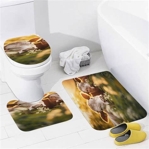 Farmhouse Highland Cow Funny Cattle And Flower Bathroom Mats Set 3 ...