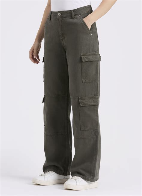 Women Green Straight Fit High Rise Cargo Jeans | Pepe Jeans India