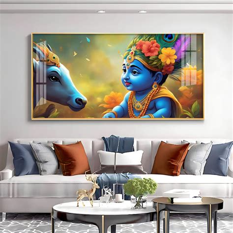 Buy Little Lord Krishna & Cow Smiling Premium Acrylic Horizontal Wall ...
