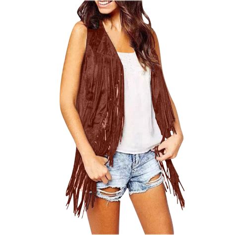 Juebong Fringe Vests Cowgirl Outfits for Women Faux Suede Tassels 70s ...