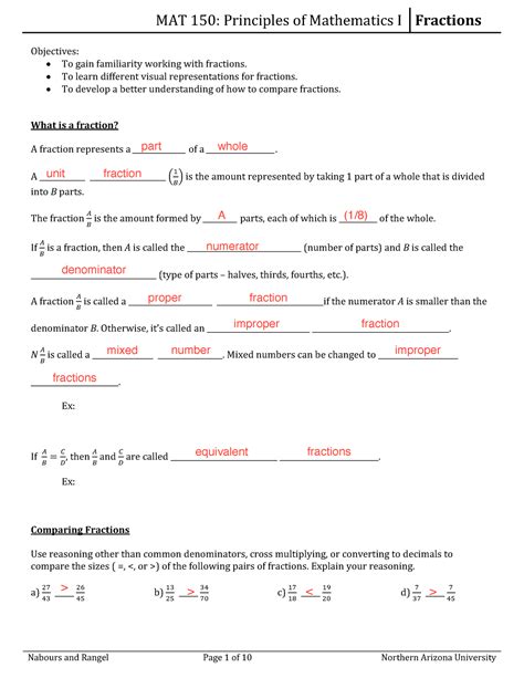 150 Mod 1 SN 7 (Fractions) - Objectives: To gain familiarity working ...