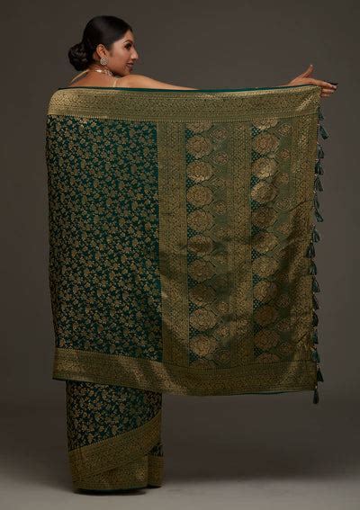 Buy Bottle Green Zari Work Banarasi Saree - Koskii