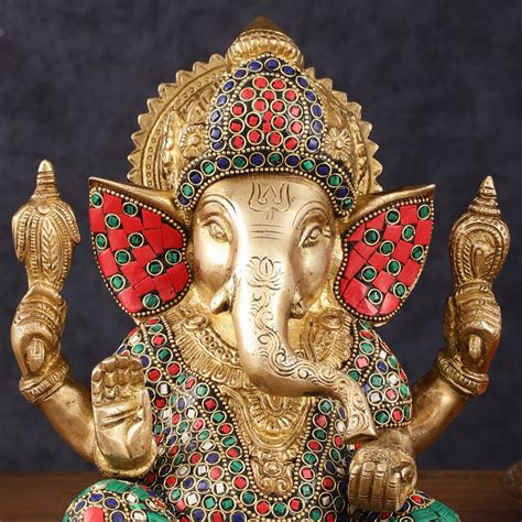 Handcrafted Pure Brass Ganesha Idol with Natural Color Stones - 8" Hei ...