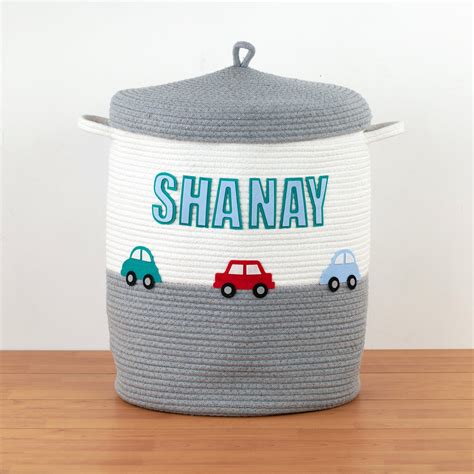 Little Cars -Grey Rope With Lid Personalized Storage Basket – GWD Kids