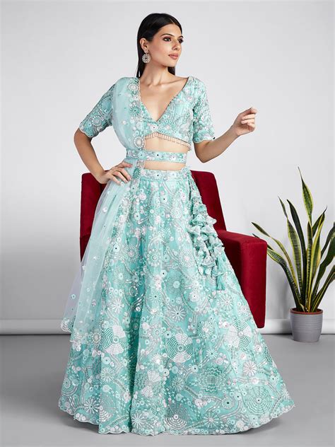 Turquoise blue Organza Sequins, Zarkan and thread embroidery