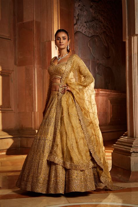 Gold Organza Lehenga Choli Dupatta with Worked Belt – Nitika Gujral