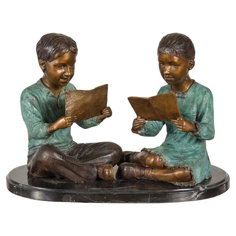 Boy and Girl Reading a Book Lost Wax Cast Bronze Sculpture on Marble Base For Sale at 1stDibs