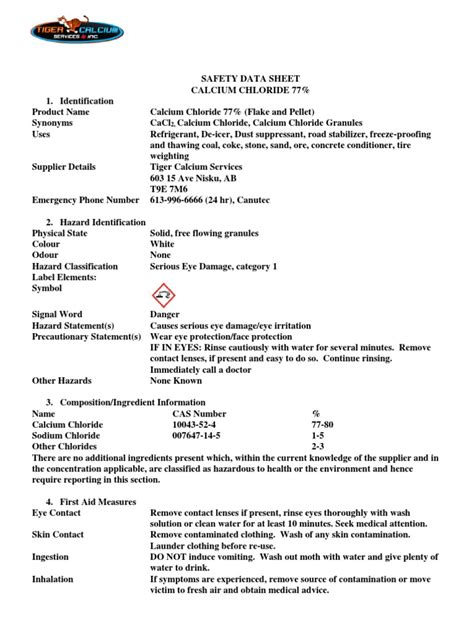 Calcium Chloride Safety Data Sheet | PDF | Toxicity | Hypothermia