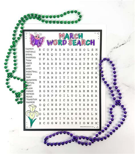 March Word Search Printable (20 Seasonal Words + Answer Key)