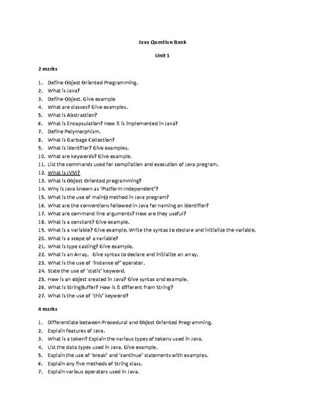 Java Question Bank (2nd Sem) - Comprehensive Unit-wise Q&A Guide - Studocu