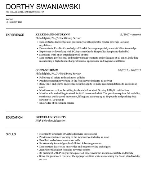 Fine Dining Server Resume Samples | Velvet Jobs