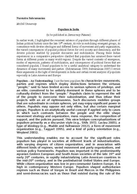 Populismin India Comparative Politics Newsletter - Narendra Subramanian ...