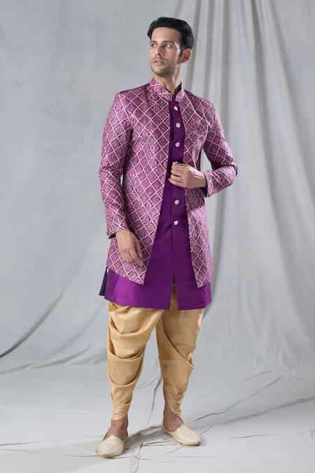 Buy Purple Silk, Cotton Sequins Embroidered Jacket Kurta And Dhoti Pant ...