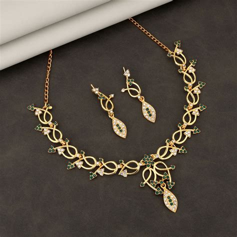 Elegant Gold-Toned Floral & Green Stone Set