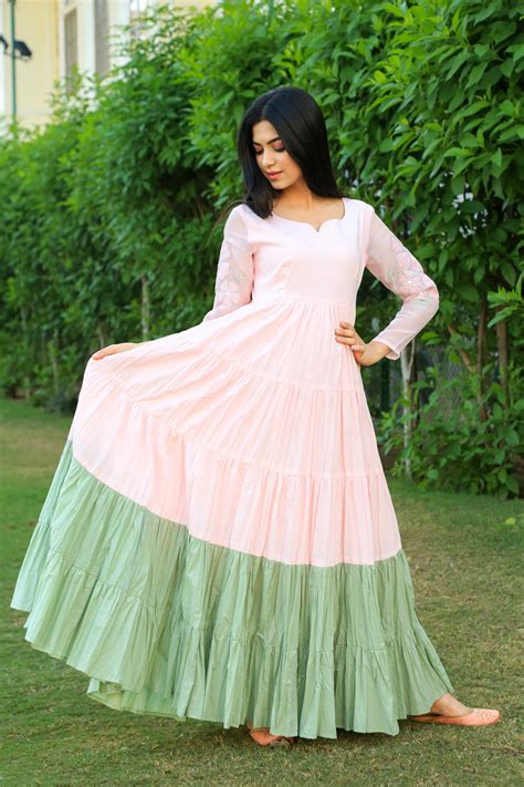 Baby Pink With Eye Soothing Green layered Dress – Indianvirasat