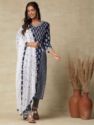 Buy FASHOR Printed Embroidered Mirror Work Kurta with Pants & Dupatta ...