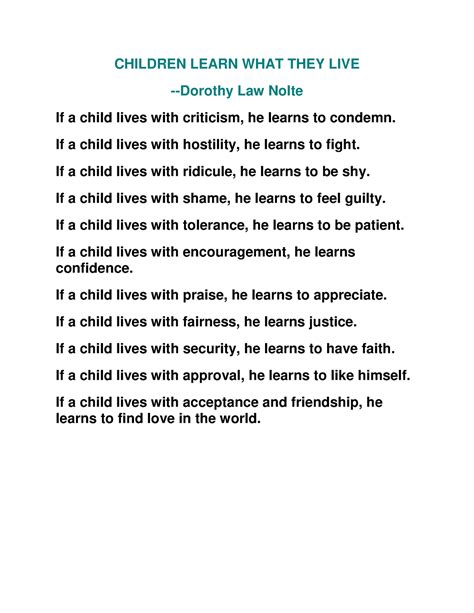 Children Learn What They Live - CHILDREN LEARN WHAT THEY LIVE -Dorothy Law Nolte If a child ...