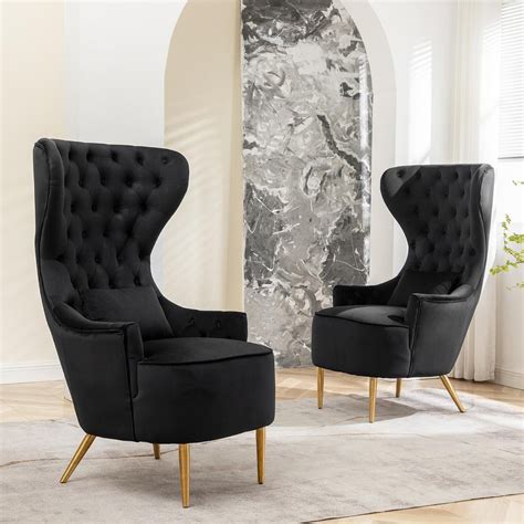 KINWELL Black Upholstered Tufted Velvet High Wingback Chair (Set of 2 ...