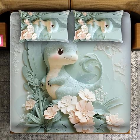 7D Dino Dream Design Bedcover And 2 Pillow Covers (90 X 100 Inch) - EK ...