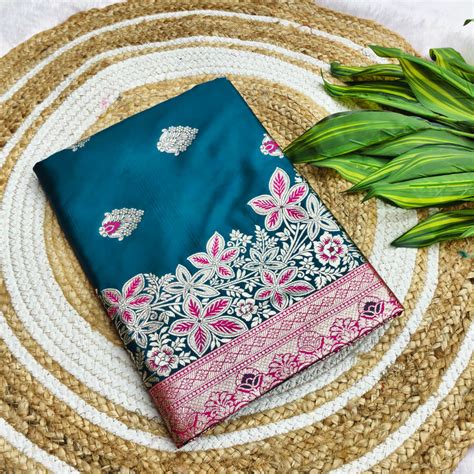 Beautiful Rama Pure Zari Weaving Banarasi Silk Saree With Woebegone Bl ...