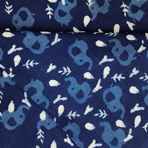 Pure Cotton Indigo With Baby Elephants Hand Block Print Fabric – Sanskruti